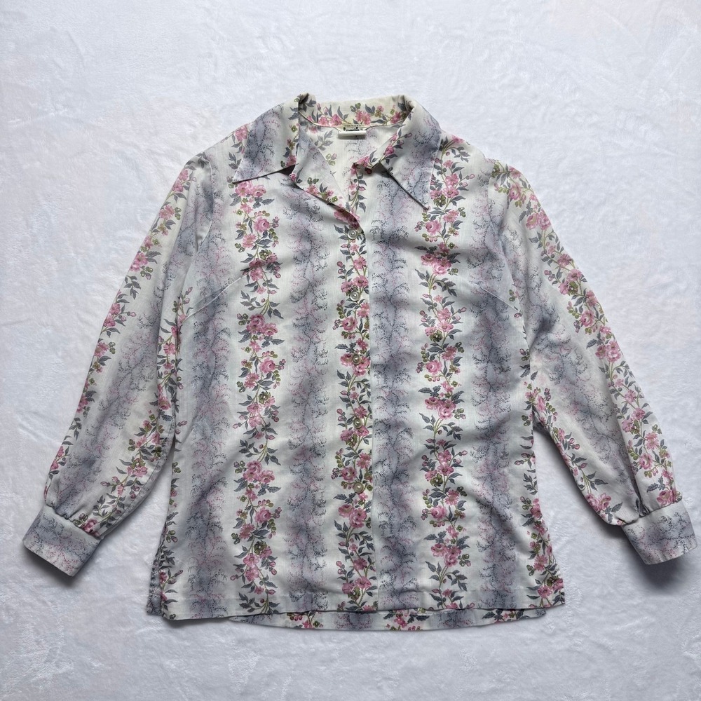 Vintage Permanent Press Floral Striped Button Up Shirt Women's Size 14‎